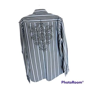 7 Diamonds Men's Graphic Design Blue & Black Stripe Dress Shirt Size Medium